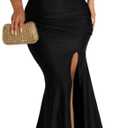 A ADILACA Black Off Shoulder High Split Dress, Maxi Dress Semi Formal, Solid Color Maxi Dress with Sleeves, High Split Evening Gowns Formal Dresses (Black, XL)