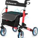 Foldable Rollator Walker with Seat, Standard Height Lightweight Rollator with Large Wheels, Folding Rolling Walker for Seniors, Walker Rollator with Seat, Red