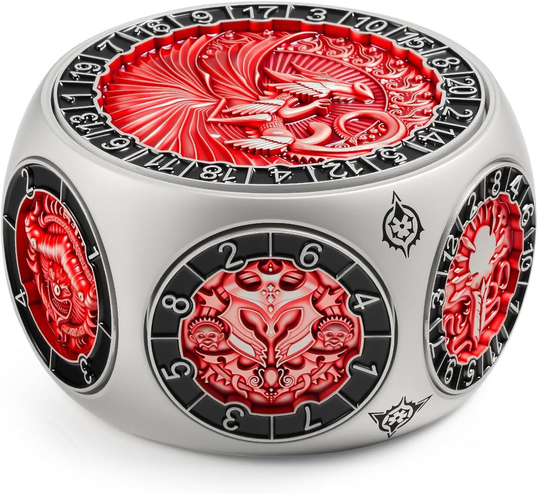 DNDND Dual D20 8-in-1 Spinner Metal Dice - Hexagonal Spinning D&D Monster Themed Dice Set for TTRPG Dungeons and Dragons, Dungeon Masters with Collectible Gift Tin (Silver with Red)