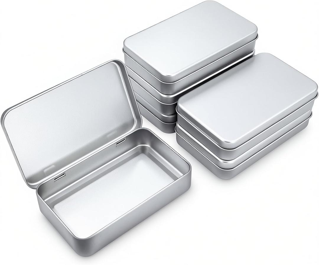 6 Pieces Rectangular Metal Empty Hinged Tins Containers Basic Necessities Home Storage Organizer Mini Box Set, 5.9 x 3.5 x 1.2 inches (Silver)
