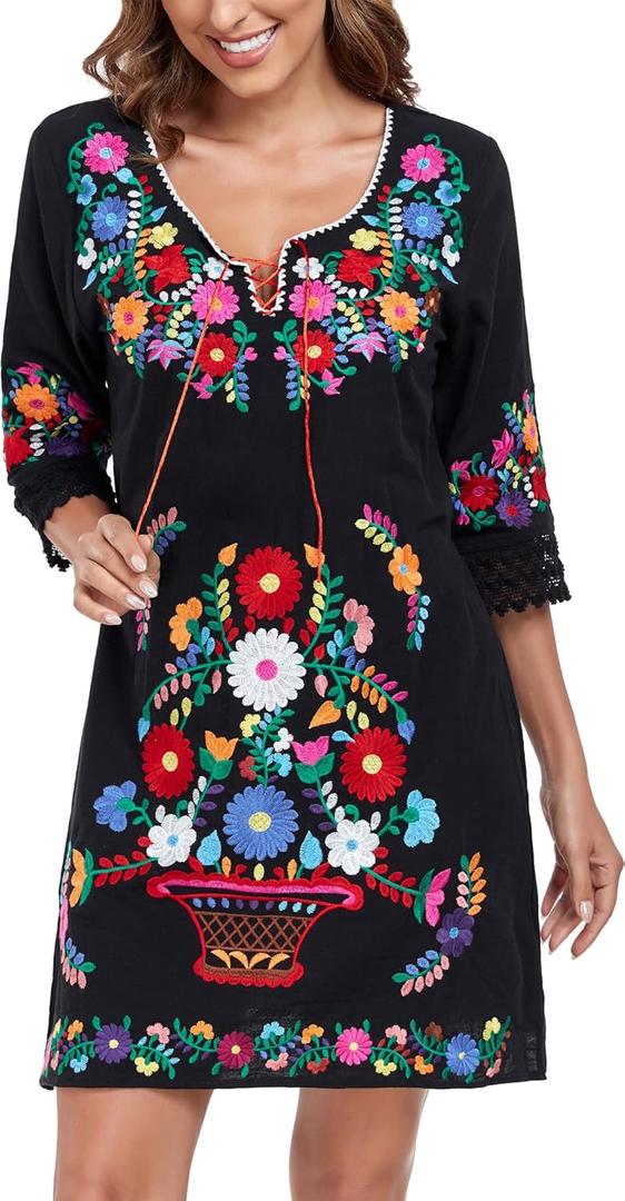 Mexican Dress for Women Embroidered Floral Dress V Neck Traditional Fiesta 3/4 Sleeve Lace Dress (XL, 323BK) 