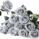 Nubry Artificial Silk Rose Flower Bouquet Lifelike Fake Rose for Wedding Home Party Decoration Event Gift 10pcs (Silver)