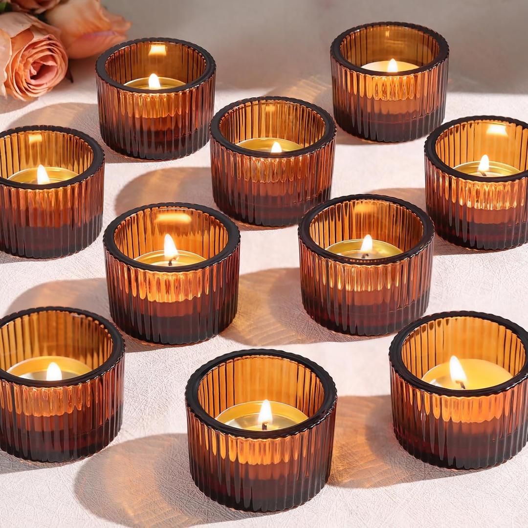 Tealight Candle Holder Set of 12, Amber Small Votive Candle Holders for Table Centerpiece,Glass Tea Light Candles Holder for Party&Home,Wedding Decor