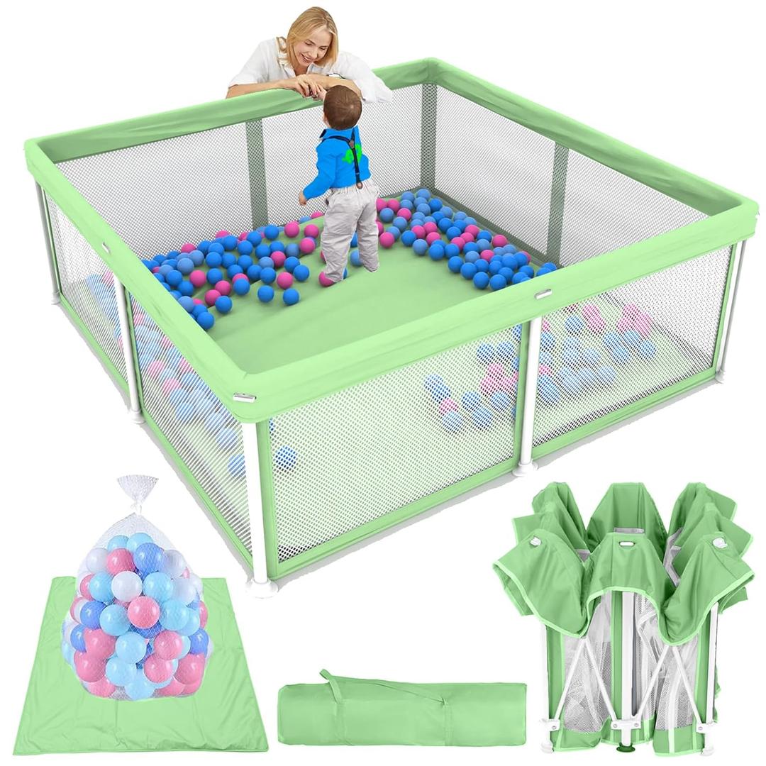 TOREVSIOR Foldable Baby Playpen with Mat, 50"50" Collapsible Play Pen for Babies and Toddlers, Indoor & Outdoor Kids Safety Play Pen, Portable Play Yard, Foldable Baby Playpen with 50 Ocean Balls (Olive Green)