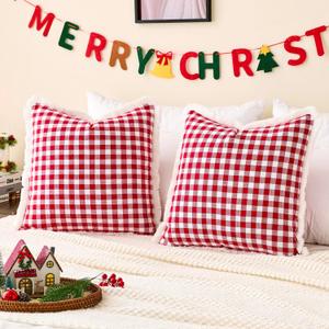 Red and White Christmas Plaid Pillow Covers 18x18 Set of 2 with Tassels, Red Gingham Winter Holiday Pillow Covers 18 x 18, Modern Farmhouse Christmas Plaid Decor Throw Pillows for Bed Couch and Sofa