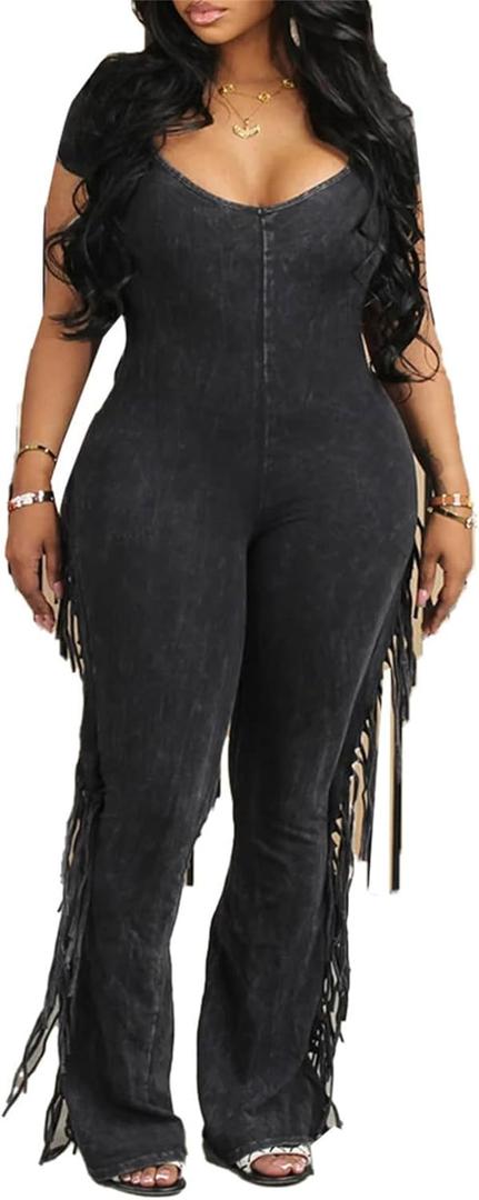 YOOTIKO Womens Sexy V Neck Bodycon Jumpsuit Tassels Fringe Pants Clubwear Casual Outfits Cute Romper (XL, Black)