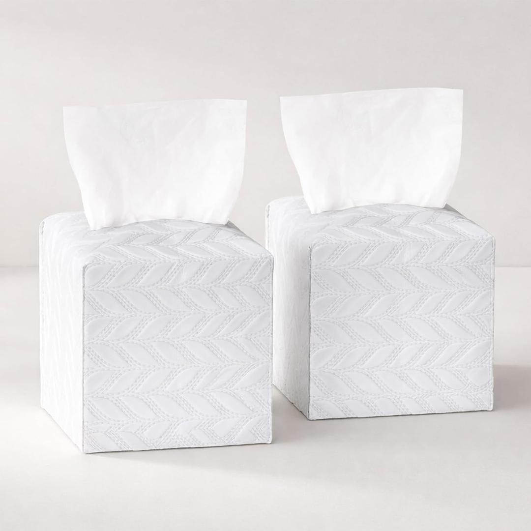 Tissue Box Cover 2-Pack, Square Tissue Holder with Bottom Belt, Modern Tissue Case Facial Paper Organizer Dispenser for Bathroom, Office, Home, Table, Car, Leaf Pattern White