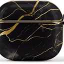 Hard Shell Headphone Case Black and Gold Marble Texture Protective Cover High Drop Protection with Keychain Bluetooth Earphone Case