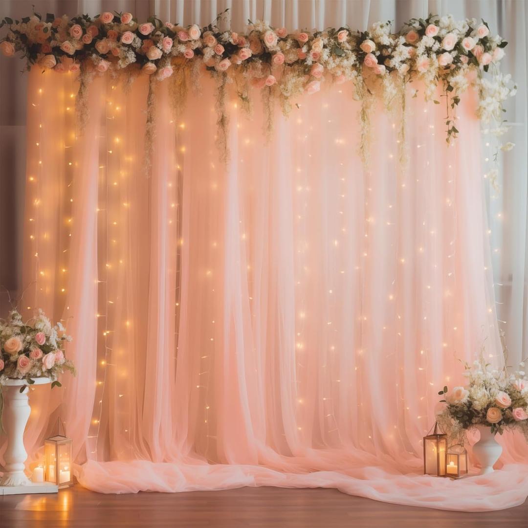 10ft x 10ft Peach Backdrop Curtain Panels with Lights String for Parties, Sheer Tulle Wedding Photo Backdrops Drapes for Baby Shower Birthday Party Decorations Background for Photography (W5' x H10'(2 panels))