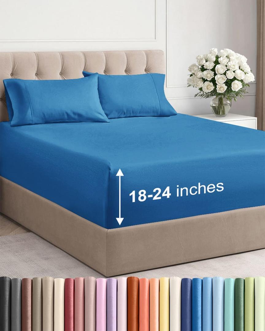 Extra Deep Queen Sheet Set - 4 Piece Breathable & Cooling Bed Sheets - Easily Fits 18 to 24 inch Mattress - Ultra Soft, Wrinkle & Fade Free w/ Extra Deep Pockets - Hotel Luxury Bedding - Denim Blue