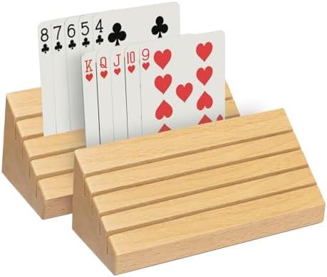 Cifupy Set of 2 Playing Card Holder Solid Card Tray Rack Suitable for Friends of All Ages,5.9x3.1x2.4Inch Size Solid Beechwood Playing Card Holders Racks for Canasta,Poker Parties