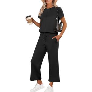 ANRABESS Women's 2 piece Outfits Lounge Sets Summer Casual Short Sleeve Tops Wide Leg Pants Sweatsuits Tracksuit Sets 1517heise-M, Medium, Black