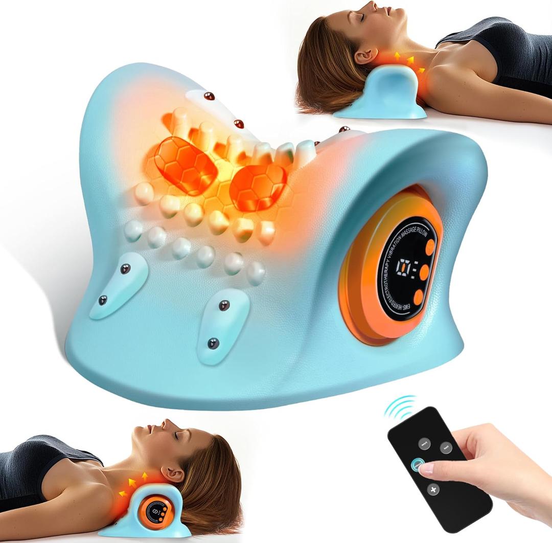 Neck Massager 2025, Neck and Shoulder Relaxer with Heat, 3 Modes, Portable Pillows for Pain Relief and Muscle Relax, 26 Angle Cervical Traction Device for Back, Shoulder (Light Blue)