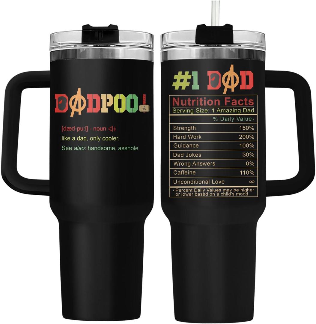 Christmas Gifts for Him Grandpa Father Dad Husband Men Boys, DadPool 40oz Tumbler with Lid, Funny Movie Character Travel Cup, Antihero Mug with Funny Definition, Birthday Gifts for Movie Lover (Black)