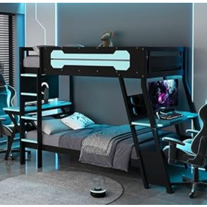 Merax Twin Size Bunk Bed with Two Built-in Gaming Desks, USB Desktop Ports & Pegboard Organizer, Gaming Bunk Frame for Gamer, Cloud Blue