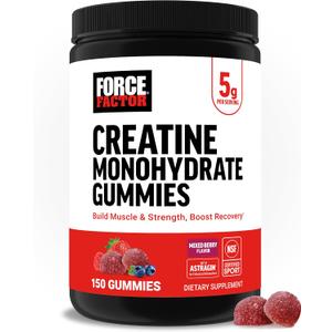 Force Factor Creatine Monohydrate Gummies, NSF Certified, 5g Dose for Men & Women to Support Muscle, Strength, Recovery, Cognitive Health & Memory, Mixed Berry, 150 Gummies (EXP 12/01/26)