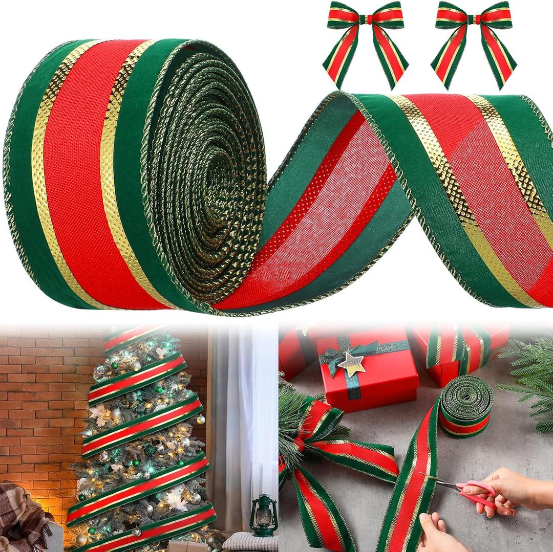 Waydress Christmas Ribbon Wired Edge Velvet Plush Overlay Ribbon 10 Yards 2.5 Inch Christmas Tree Victorian Xmas Decor for Wrapping Wreath Bow Tree Decoration(Green Red Gold)