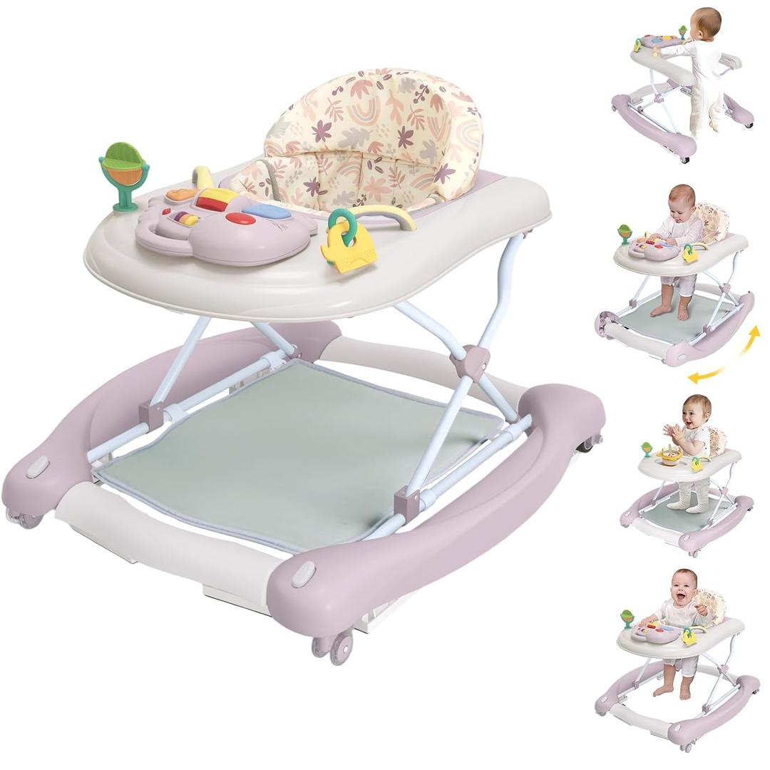 5 in 1 Foldable Baby Walker,Activity Baby Walker-Baby Bouncer,Rocker,Activity Center,Seat and Push Walker,Detachable Footrest Mat,Adjustable Speed Rear Wheels and Height,Ages 6-18 Months (Purple)