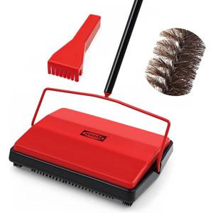 JEHONN Carpet Floor Sweeper Manual with Horsehair, Non Electric Quite Rug Roller Brush Push for Cleaning Pet Hair, Loose Debris, Lint (Red)