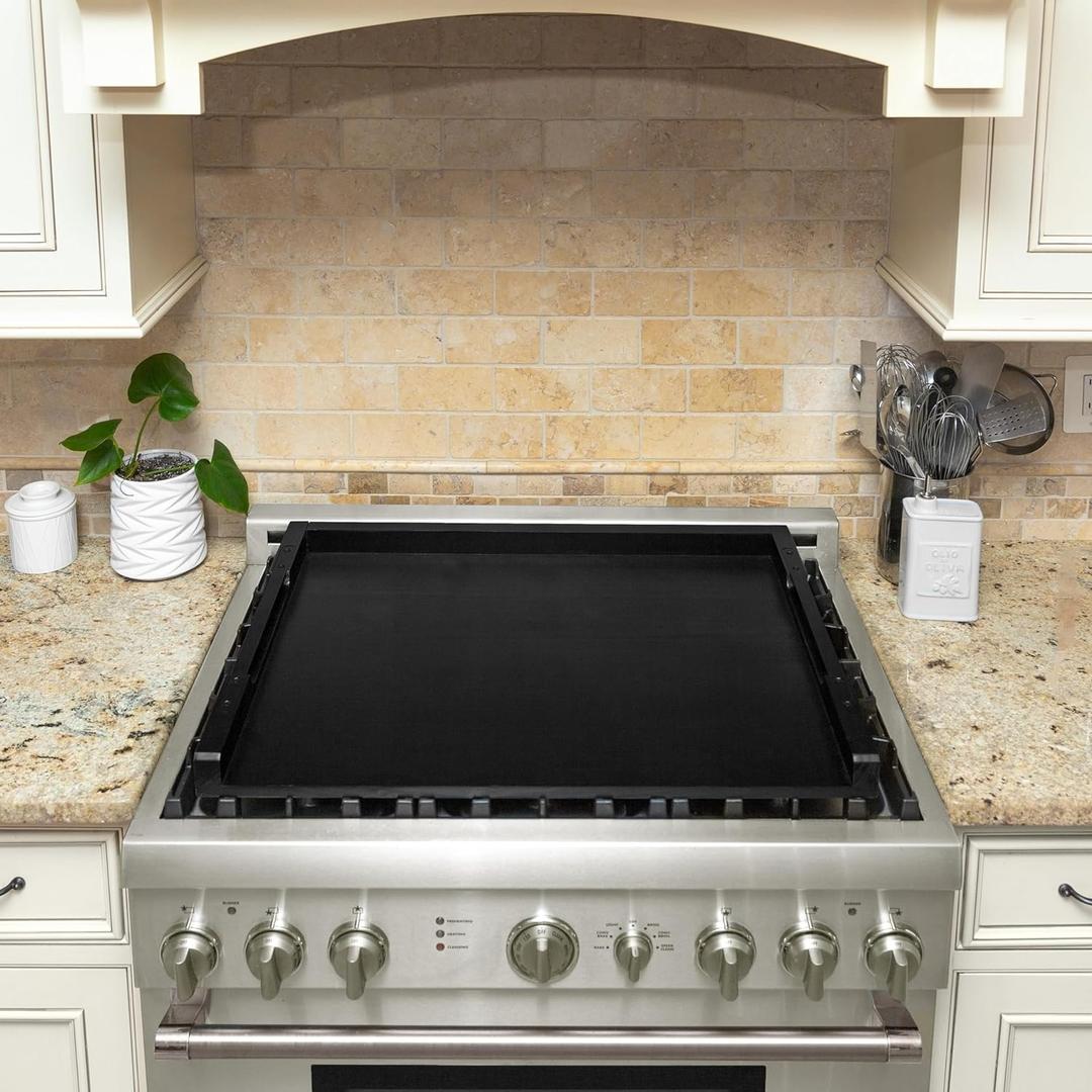 Ilyapa Noodle Board Wood Top Cover for Gas Stove, Electric Stove Burner Covers, Farmhouse Serving Tray, Steel Handles, 22x30 Inches, Farmhouse Noodle or Charcuterie Board, Black (Black With Inlaid Handles)