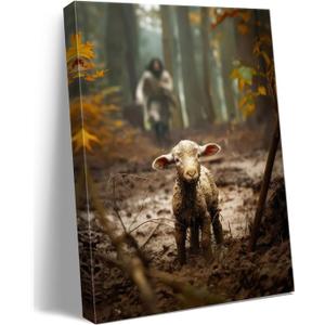Ploceiny christian gifts for women-men,Religious canvas home decor for prayer room christmas decorations Jesus Running After Lost Lamb Picture Jesus and lamb poster wall decor A-392 (16"X24")