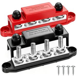 250A 12V Bus Bar Marine 12V,Power Distribution Block with Cover with 4 x 3/8Post 6 x #8 Screws Terminals,Battery Bus Bar with 4PCS Battery Lugs and 4PCS Heat Shrink Tubing for Car Boat Solar Wiring