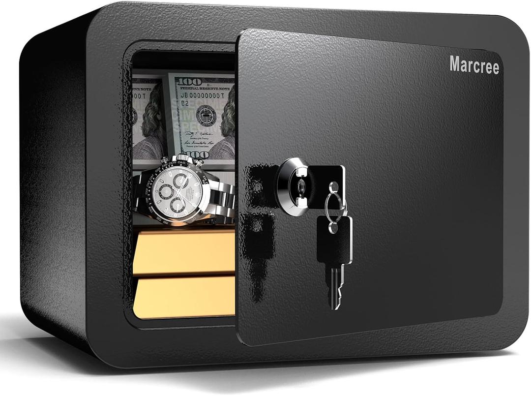 Marcree 0.23 Cub Safe, Small Safe Box with Key, Mini Home Safes for Money, Coin and Cash, Security Safes for Kids, Lock Box for Personal Items, Black, 6.69 x 9.06 x 6.69 Inches