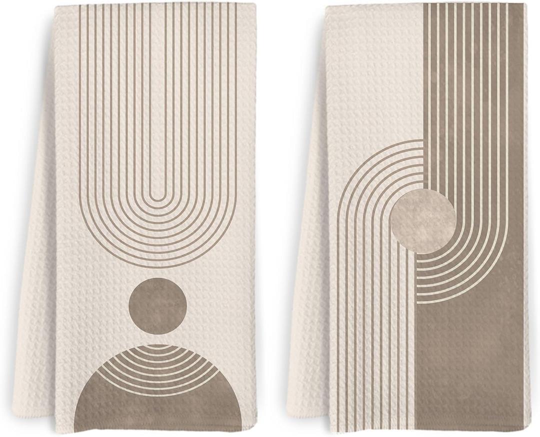 Neutral Beige Boho Sun Abstract Kitchen Towels and Dishcloths Set of 2, Mid Century Modern Dish Towels, Bohemian Abstract Decorative Hand Tea Towel for Bathroom Kitchen, 16x24 Inch