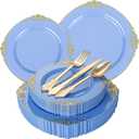 125PCS Blue and Gold Plastic Plates - Airy Blue Disposable Plate - Gorgeous Plates with Gold Plastic Silverware Sets for 25 Guests for Party & Wedding & Spring