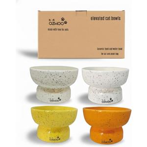 Ceramic Cat Bowls - Elevated cat Bowl, Anti-Vomiting, Whisker Friendly Raised Cat Bowl, Easy to Clean, Non-Slip, Suitable for Small Dogs - Pack of 2 (White-Beige, Orange-Yellow) (White-Beige)