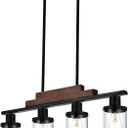 VINLUZ 4-Light Vintage Kitchen Island Lighting Dining Room Light Fixture with Clear Glass Shade,Linear Farmhouse Chandelier Adjustable Pendant Light Fixtures with Black & Warm Wood Finish