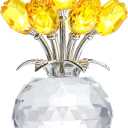 YWHL Handmade Crystal Yellow Rose Flower Figurine With Round Vase, Romantic Gifts for Wife Mom on Anniversary Birthday Mother's Day, Glass Flower for Sister Friends, Wedding Home Decorations