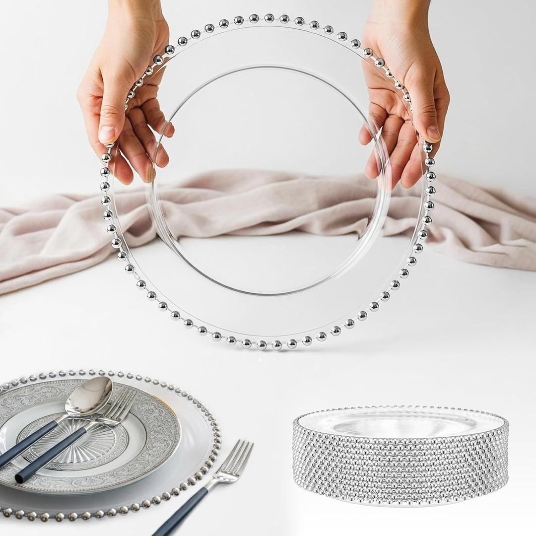 20 Pack Clear Charger Plates Bulk, Silver Charger Plates with Beaded Rim, 13 Inch Acrylic Beaded Plate for Party,Wedding, Dinner, Table Events Decoration