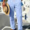 Mens Linen Pants Casual Beach Yoga Pants Elastic Waist Drawstring Straight Leg Loose Lightweight Trousers with Pockets (Blue, XXL)