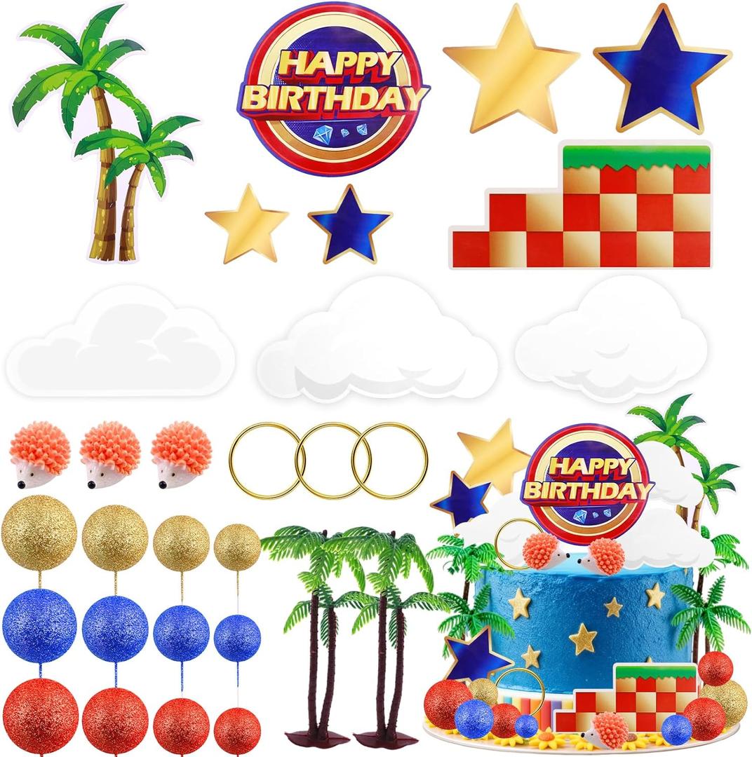 MEMOVAN Hedgehog Cake Topper 29PCS Cartoon Themed Happy Birthday Cake Topper Red Blue Yellow Ball Cake Cupcake Toppers with Tree Circle Blue Hedgehog Stars for Baby Shower Birthday