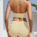 Women High Waisted Shorts Bikini Sets Tummy Control Swimsuit Two Piece Halter Drawstring Bathing Suit (Beige, M)