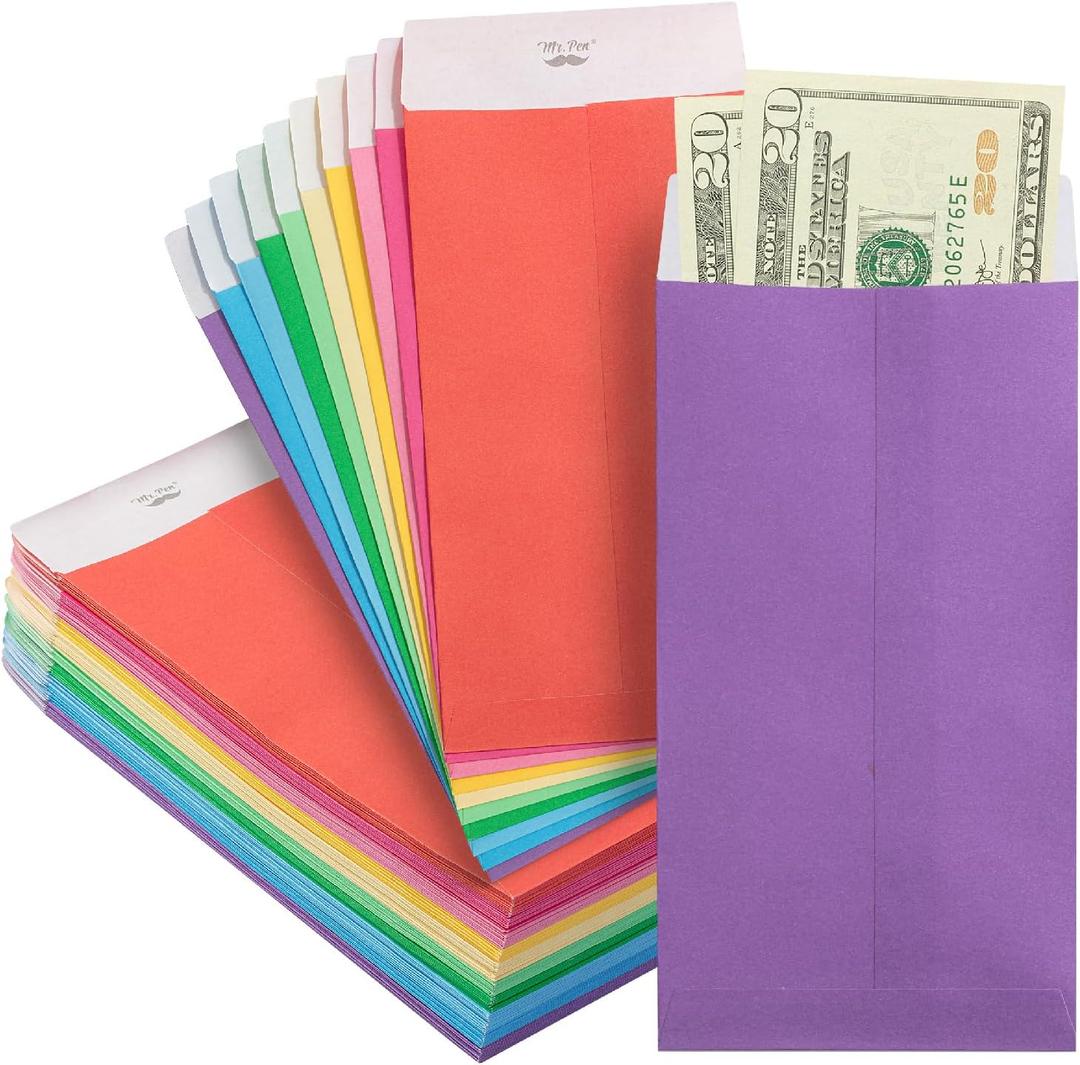 Mr. Pen- Money Envelopes for Cash, 6.5" x 3.5", 100 Pack, Kraft Paper, Self-Adhesive Bulk Cash Envelopes for Budgeting, Money and Coin Saving, Check, Budget, Small Item Organizing (Bright and Pastel Palette)