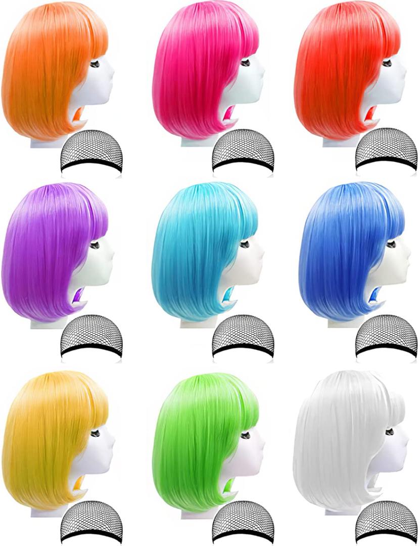 9 Pieces Short Bob Hair Wigs Candy Colored Costume Cosplay Wigs Daily Party Hairpiece for Women - Bachelorette Party Decorations, Favors, Supplies (Colorful)