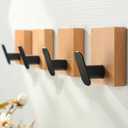 DELITON Towel Hooks Wall Mounted - Adhesive Bathroom Coat Hooks for Hanging Robes Clothes Light Brown, Black Solid Wood Beech Wall Hook 4 Packs