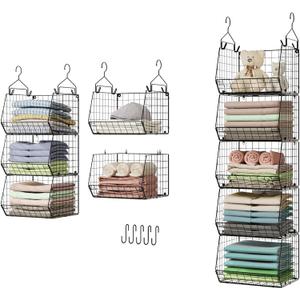 5 Tier Closet Hanging Organizer, Clothes Hanging Shelves with 4 Hanging Hooks 5 S Hooks, Wire Storage Basket Bins, for Clothing Sweaters Shoes Handbags Clutches Accessories Patent Design