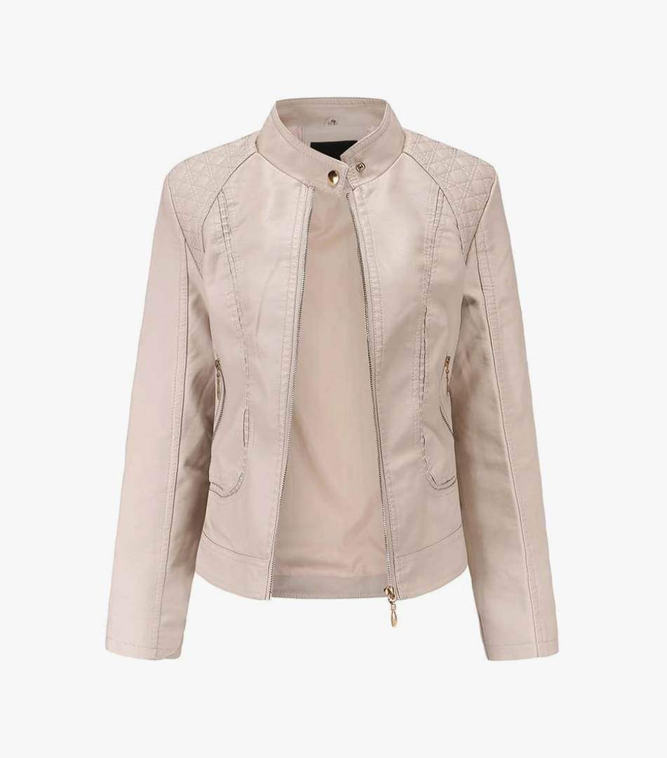 Women's Trendy Faux Leather Jacket Moto Short Jacket Fashion PU Jacket Coat (XL, Beige)
