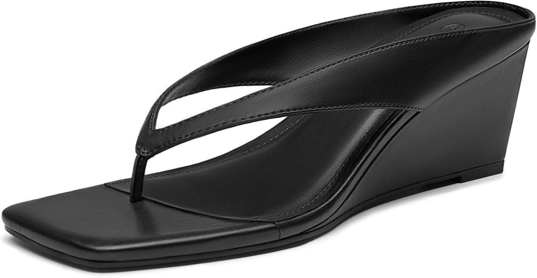 Athlefit Women's Low Wedge Sandals Trendy Dressy Square Open Toe Summer Beach Flip Flops Thong Heeled Sandals 9