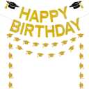 Gold Glitter Happy Birthday Graduation Banner, 2026 Graduation Birthday Banner Happy Birthday Graduation Party Decorations 2026 for 2026 Graduation Themed Birthday Party Decorations