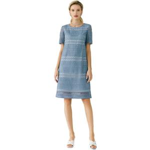 Women's Short-Sleeved Mid-Length Dress, Openwork Design Casual Elegant Dress for Women with Lace Trim Summer (Blue) XL