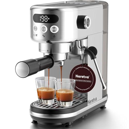 Neretva Espresso Machine 20 Bar, Super Compact Espresso Maker Stainless Steel Professional Coffee Machine Espresso with Power Steam & LED Display for Home Barista Latte and Cappuccino Maker-Silver