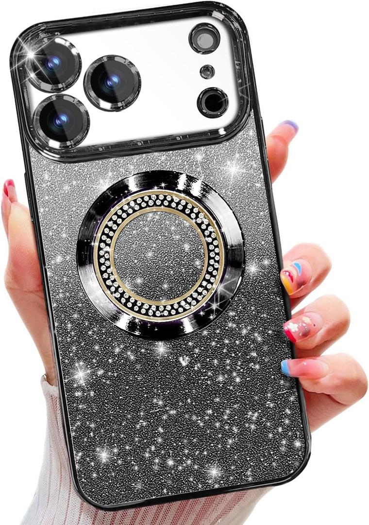 Misscase for iPhone 17 Pro Max Magnetic Glitter Case Compatible with MagSafe, Full Protection Slim Shockproof Anti-Scratch Case with Camera Lens Protector Plating Bling Dust-Proof Net Black