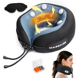 Travel Neck Pillow with Massage & Heat, U-Shaped Neck Massager with 8-Point Vibration, Eye Mask and Earplugs Set Ergonomic Memory Foam, Ideal for Travel, Office, Home