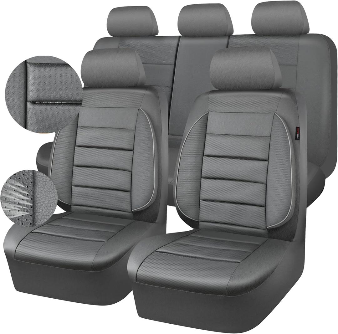 CAR PASS Leather Seat Covers Full Set Universal Water Resistant 3D Foam Back Support, Luxury Comfort Automotive 5 Seat Covers All Season Fit for SUV,Sedan,Van, Airbag Compatible Elegance (Gray)