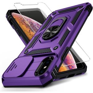 Vinve for iPhone X Case/iPhone Xs Case, Slide Lens Cover, HD Screen Protector, Military Grade Drop Protection, Magnetic Rotated Ring Holder Kickstand Protective Phone Case (Deep Purple)