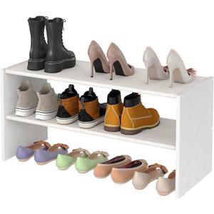 2 Tier Small White Shoe Rack For Closet, Stackable Shoe Shelf Organizer for 9 -12 Pairs of Shoes, Small Shoe Storage Organizer for Entryway, Hallway, Garage,Living Room, Bedroom, Size 28.5"* 11" * 13"